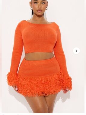 Fashion Nova NWOT Collette Fringe Sweater Mini Skirt Set - Orange